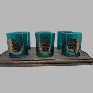 CAPTAIN MORGAN Private Stock 6pc Green Glass Tumbler Set Wood Tray Crown Emblem